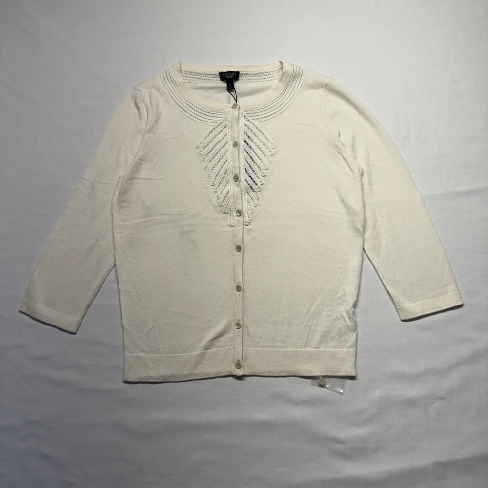 Talbots Petite Ivory Lace Detail Cardigan 3/4 Sleeve Classic Coastal Feminine